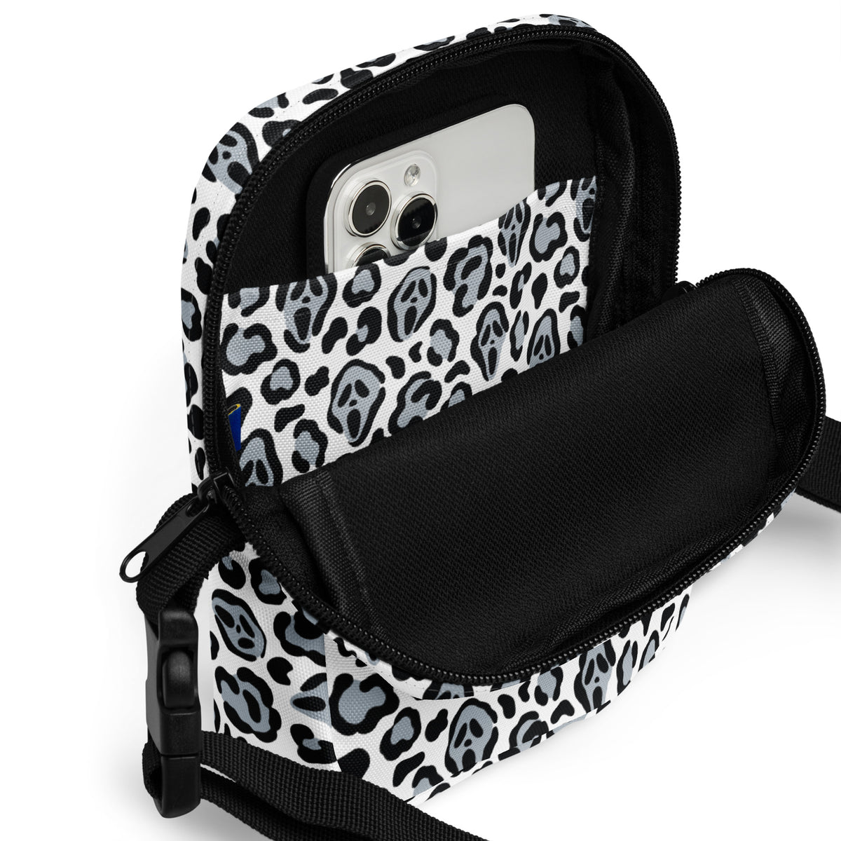 Ghost Face Leopard Halloween Crossbody Bag – Water Resistant Mini Purse With Adjustable Strap & Pockets