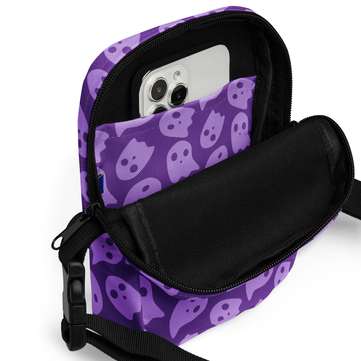 Purple Ghosts Halloween Crossbody Bag – Water Resistant Mini Purse With Adjustable Strap & Pockets