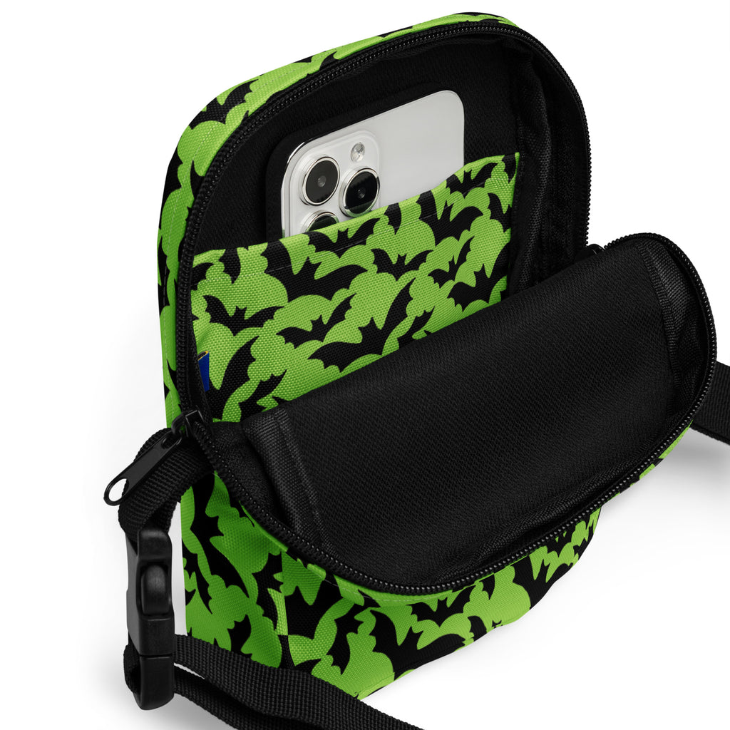 Green Bats Halloween Crossbody Bag – Water Resistant Mini Purse With Adjustable Strap & Pockets