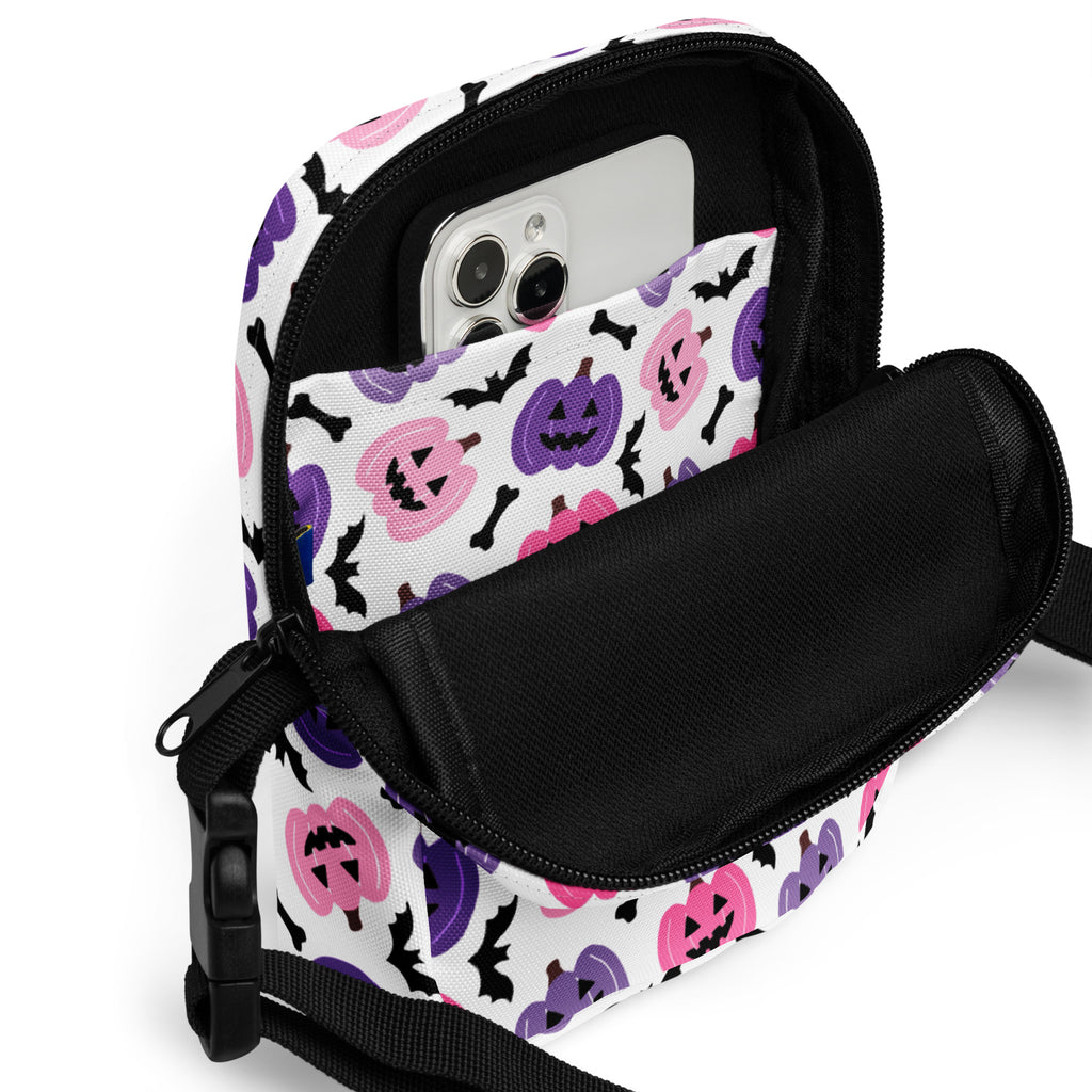 Girls Pink & Purple Pumpkin Halloween Crossbody Bag – Water Resistant Mini Purse With Adjustable Strap & Pockets