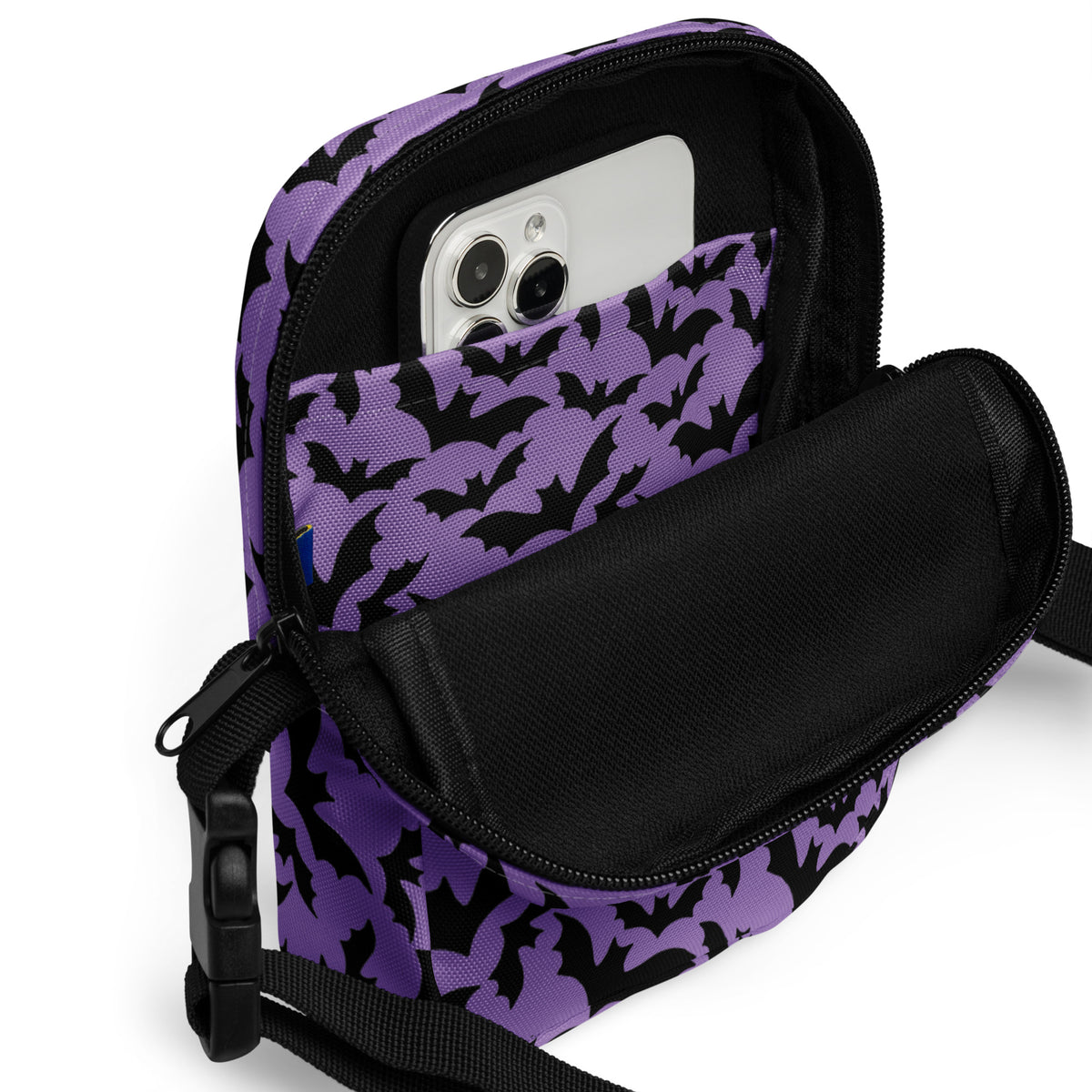 Dark Purple Bats Halloween Crossbody Bag – Water Resistant Mini Purse With Adjustable Strap & Pockets