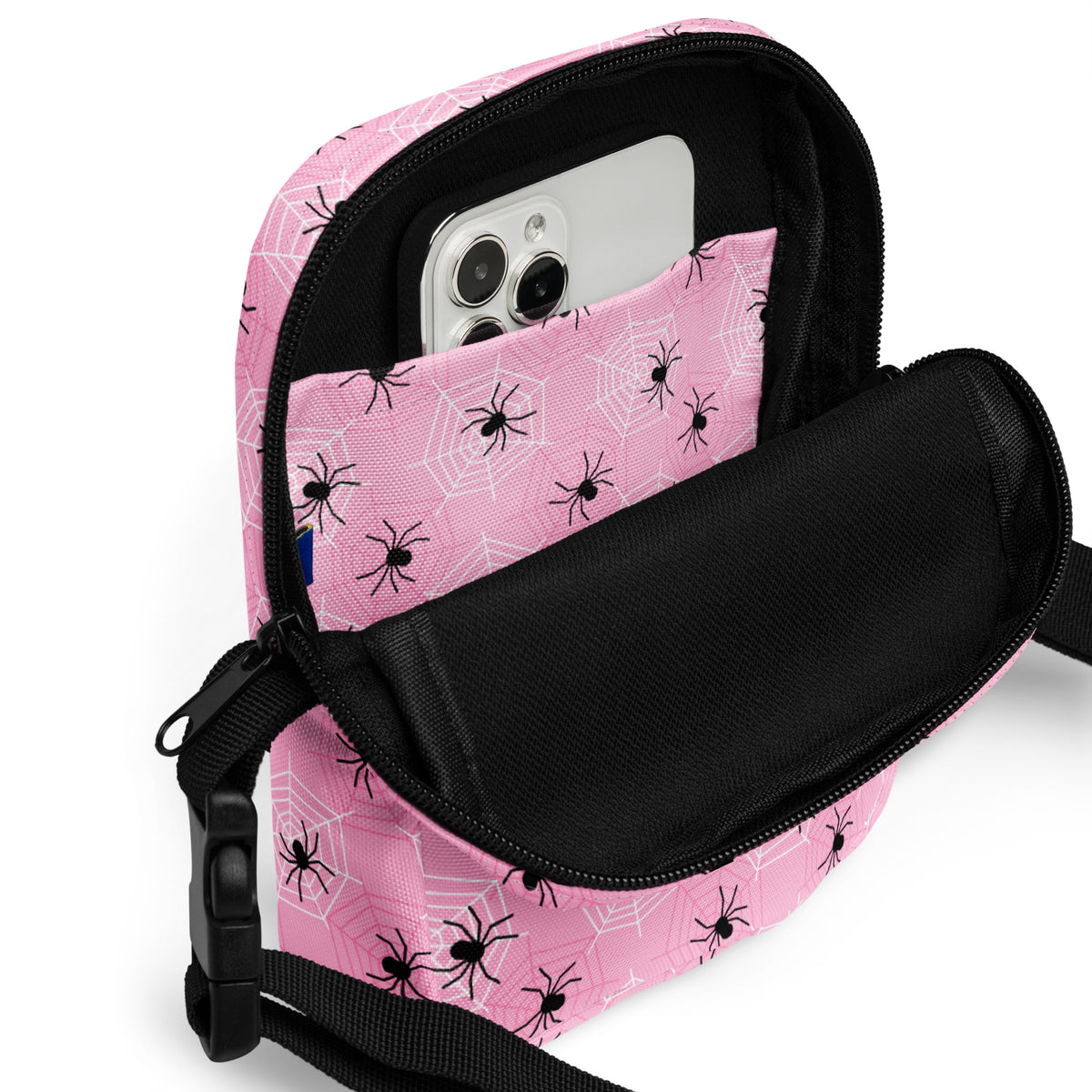 Pink Spiderweb Halloween Crossbody Bag – Water Resistant Mini Purse With Adjustable Strap & Pockets