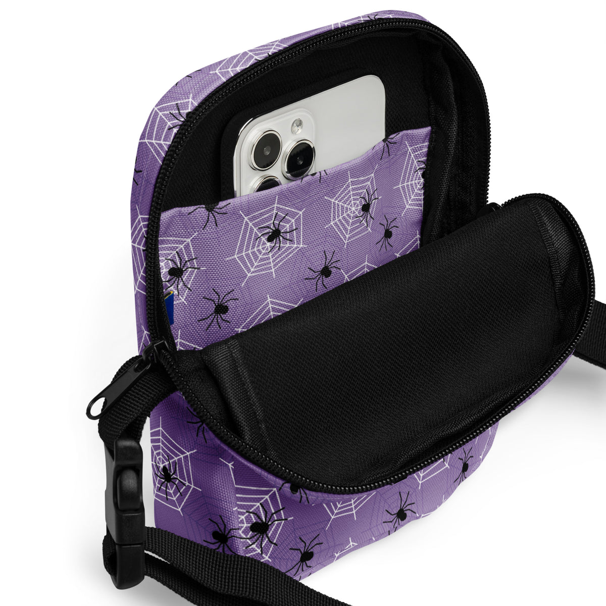 Dark Purple Spider Web Halloween Crossbody Bag – Water Resistant Mini Purse With Adjustable Strap & Pockets