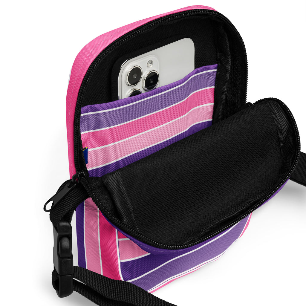 Pink Purple Striped Crossbody Bag – Water Resistant Mini Purse With Adjustable Strap & Pockets
