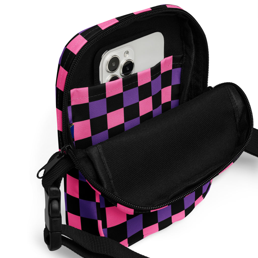 Pink & Purple Checkered Halloween Crossbody Bag – Water Resistant Mini Purse With Adjustable Strap & Pockets