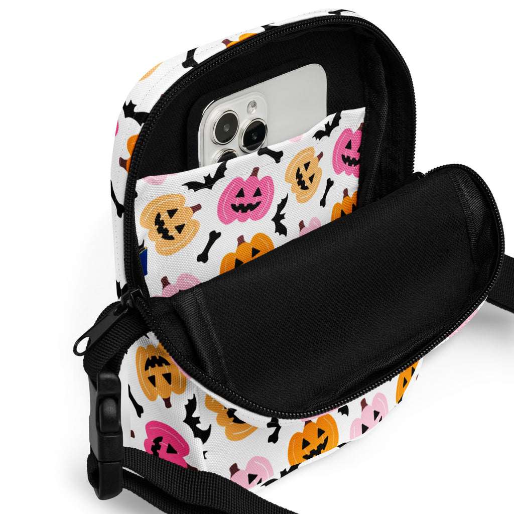 Pink & Orange Pumpkin Halloween Crossbody Bag – Water Resistant Mini Purse With Adjustable Strap & Pockets