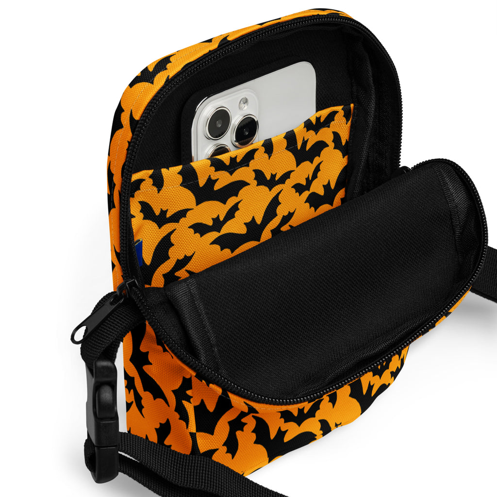 Orange Bats Halloween Crossbody Bag – Water Resistant Mini Purse With Adjustable Strap & Pockets