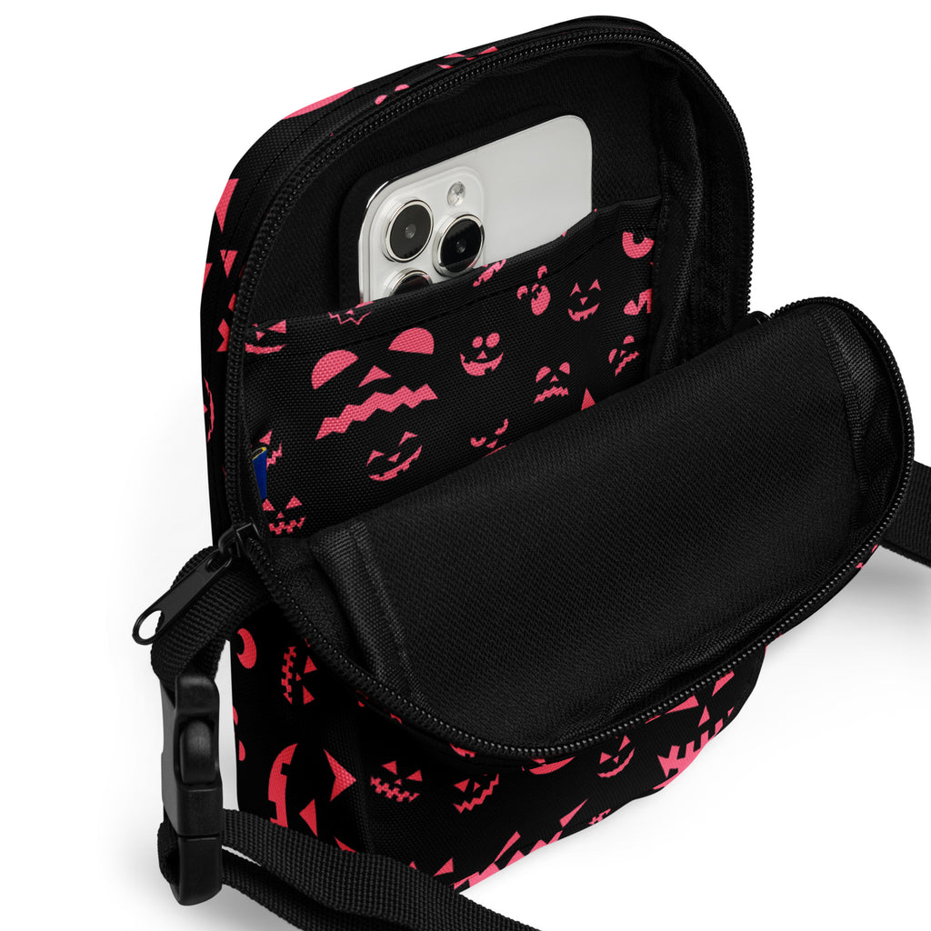 Pink Black Jack O Lantern Faces Halloween Crossbody Bag – Water Resistant Mini Purse With Adjustable Strap & Pockets