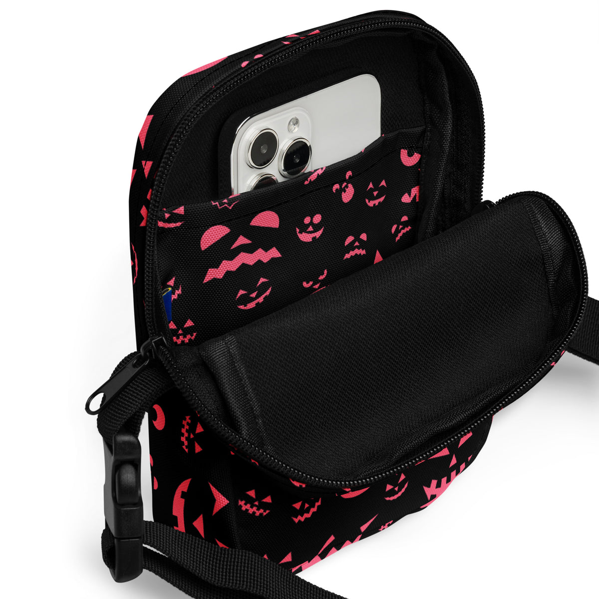 Pink Black Jack O Lantern Faces Halloween Crossbody Bag – Water Resistant Mini Purse With Adjustable Strap & Pockets