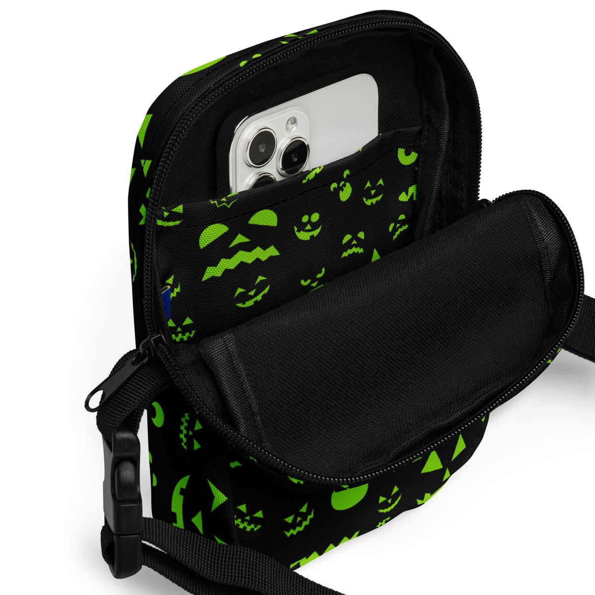 Green Jack O Lantern Faces Halloween Crossbody Bag – Water Resistant Mini Purse With Adjustable Strap & Pockets