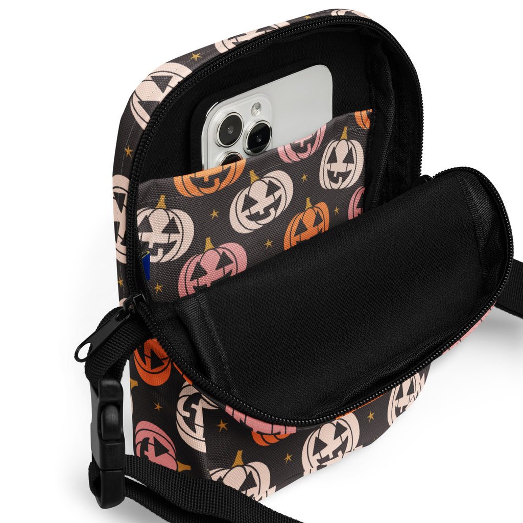 Girls Pink & Orange Jack O Lantern Crossbody Bag – Water Resistant Mini Purse With Adjustable Strap & Pockets