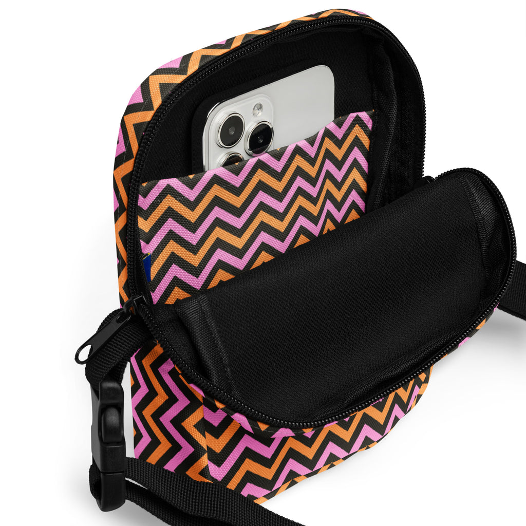 Pink & Orange Chevron Halloween Crossbody Bag – Water Resistant Mini Purse With Adjustable Strap & Pockets