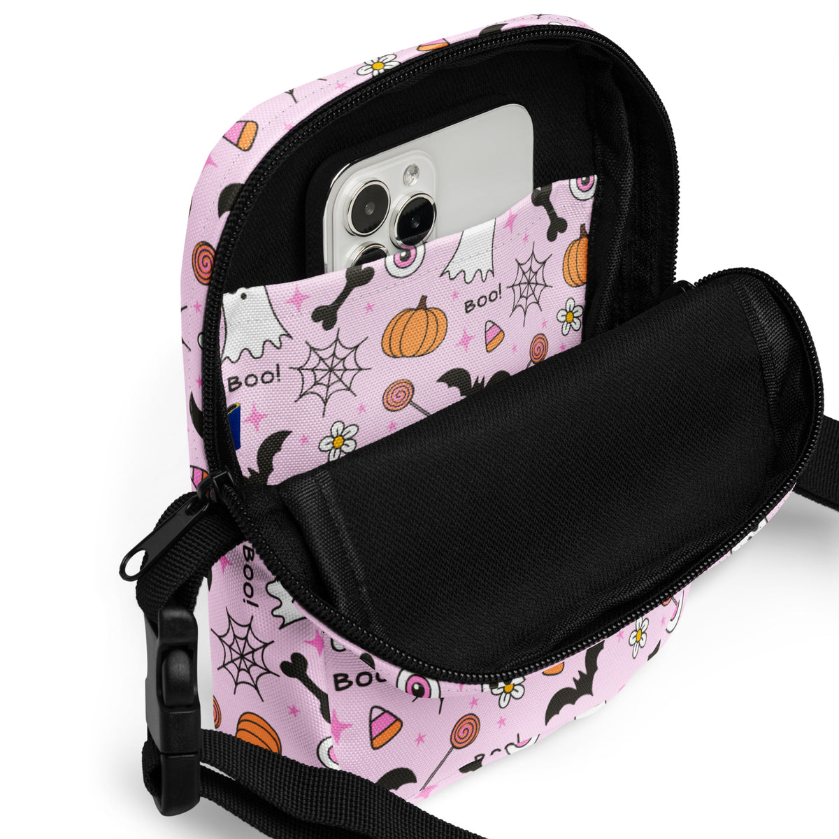 Girls Pink Spooky Halloween Crossbody Bag – Water Resistant Mini Purse With Adjustable Strap & Pockets