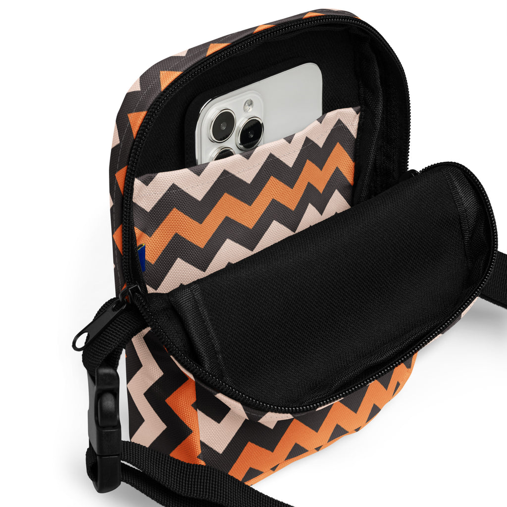 Orange & Cream Chevron Halloween Crossbody Bag – Water Resistant Mini Purse With Adjustable Strap & Pockets