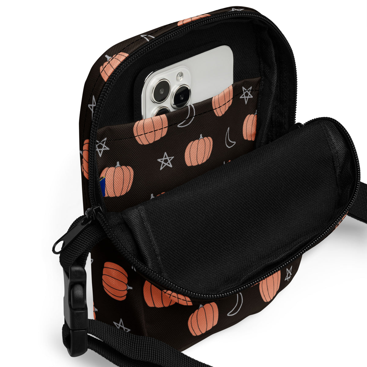 Pumpkin Moon & Stars Crossbody Bag – Water Resistant Mini Purse With Adjustable Strap & Pockets