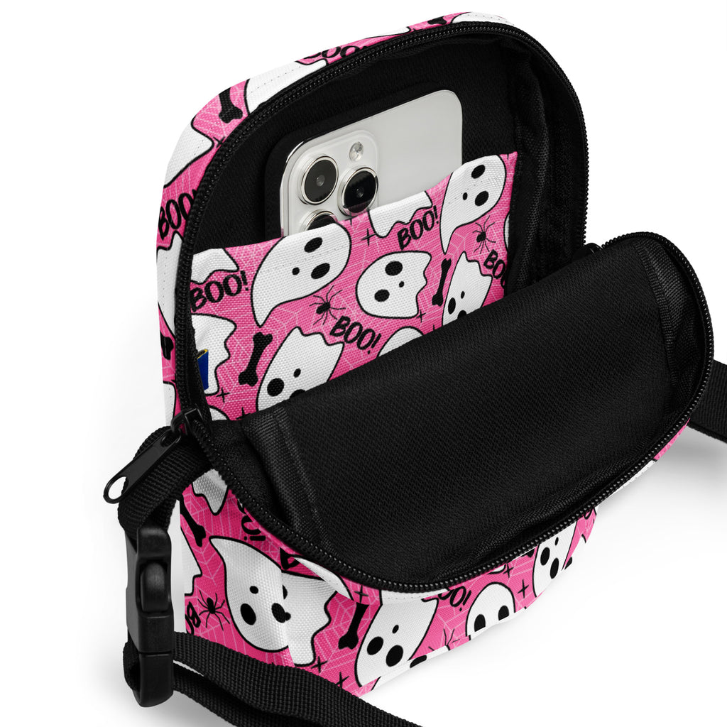 Girls Pink Ghosts & Spiderwebs Halloween Crossbody Bag – Water Resistant Mini Purse With Adjustable Strap & Pockets
