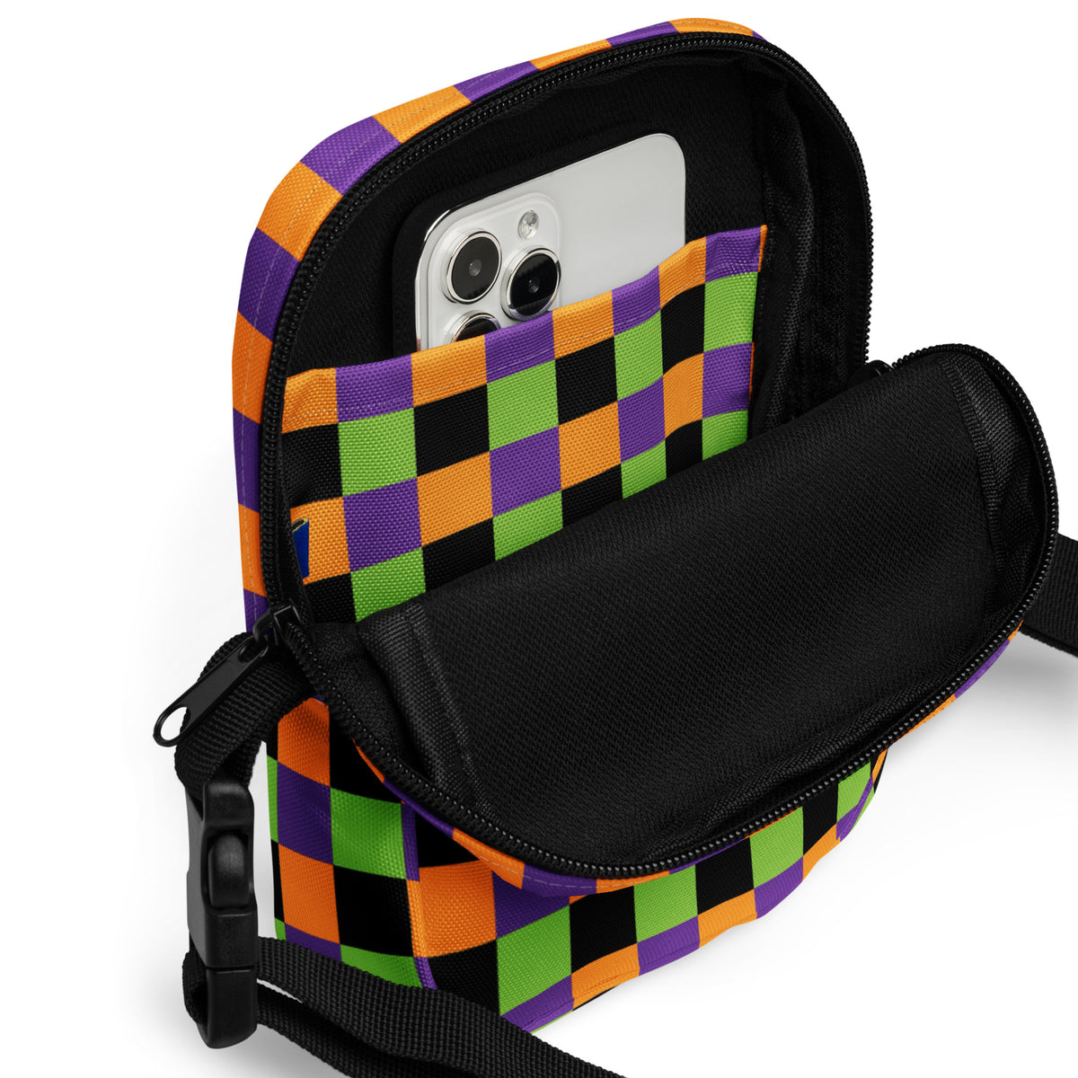 Halloween Checkerboard Crossbody Bag – Water Resistant Mini Purse With Adjustable Strap & Pockets