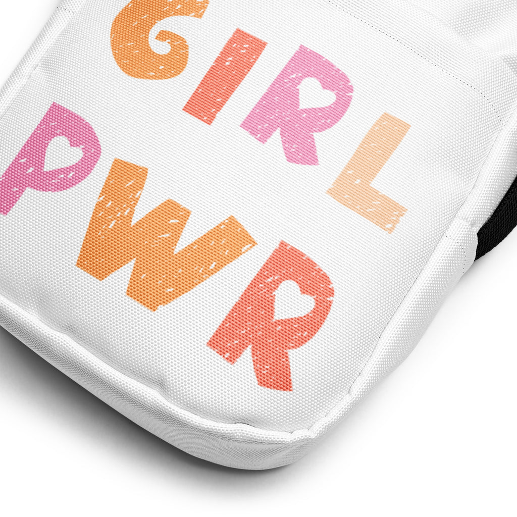 White canvas girl power kids crossbody purse with bold pink and orange lettering and heart shaped cutouts