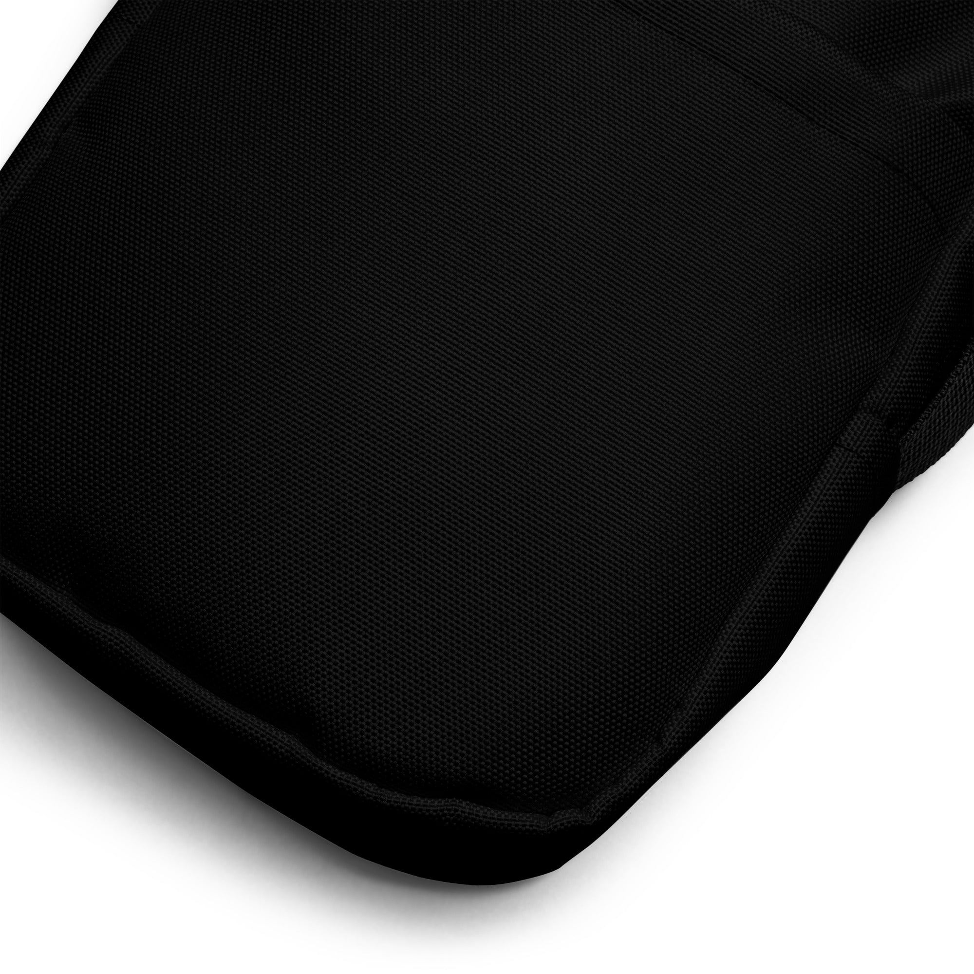Girls black crossbody purse with black fabric car seat cover styled textured weave and stitched edges detail