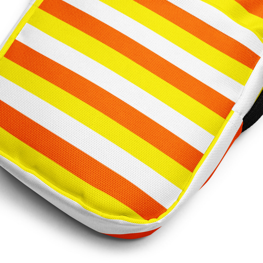 Girls candy corn stripes halloween crossbody purse with vibrant orange and yellow striped textured cushion and white border