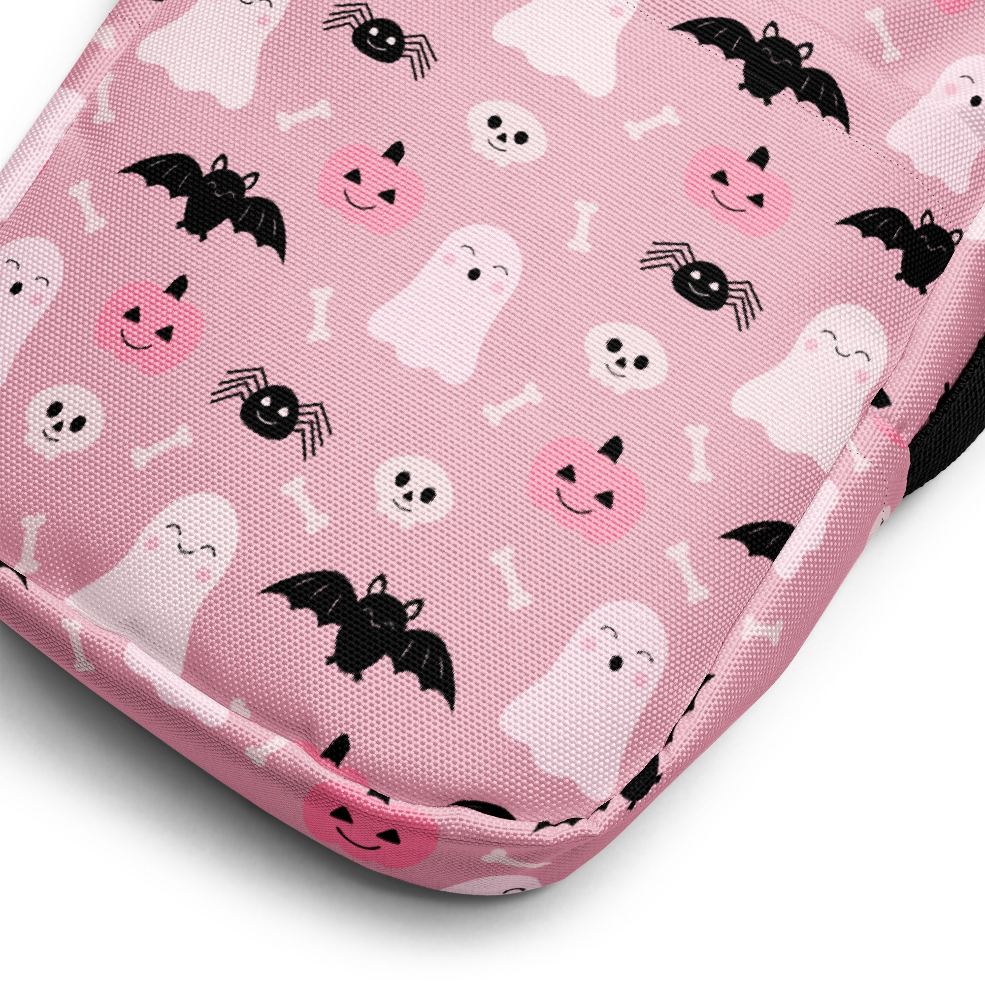 Girls cute ghost and bats pink halloween crossbody purse with playful white ghost bat pumpkin skull pattern on fabric pouch