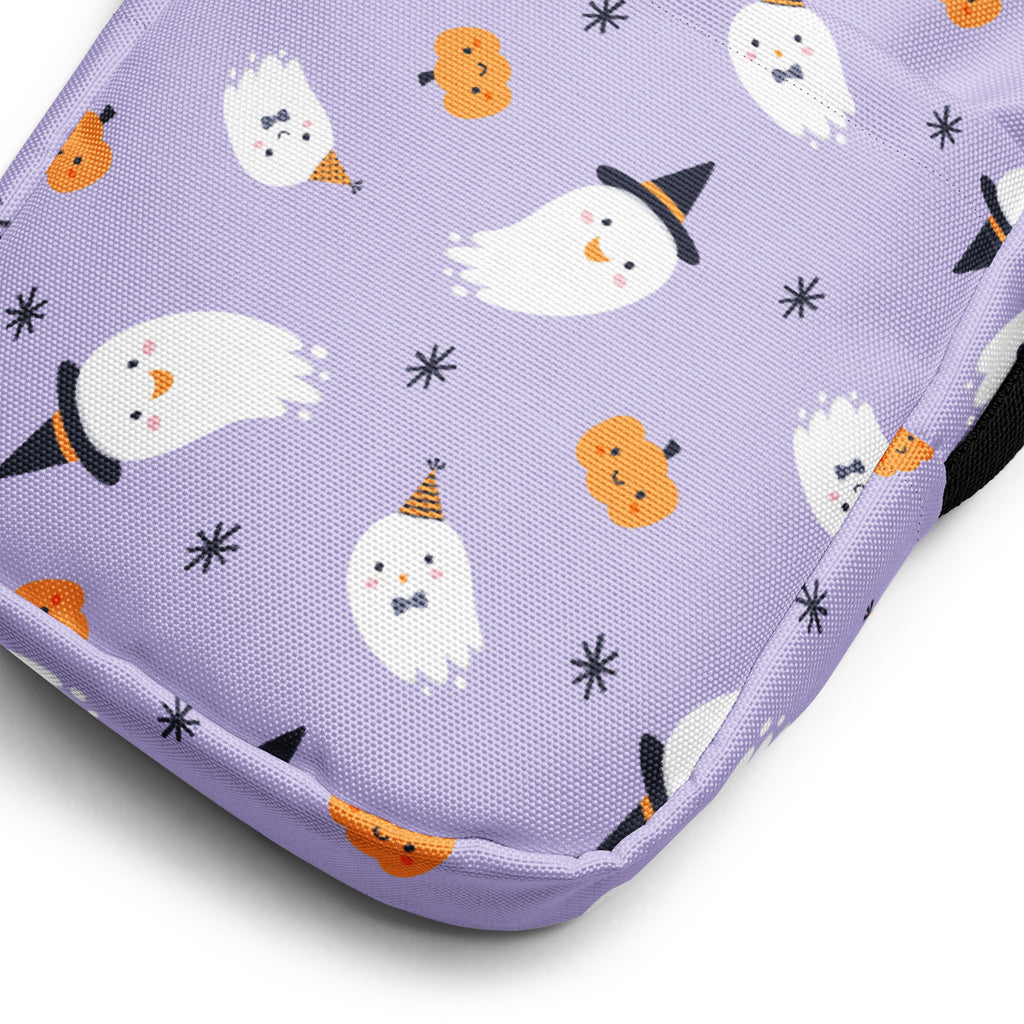 Purple fabric girls ghost witch halloween crossbody purse cushion with white cartoon ghosts and orange pumpkins pattern