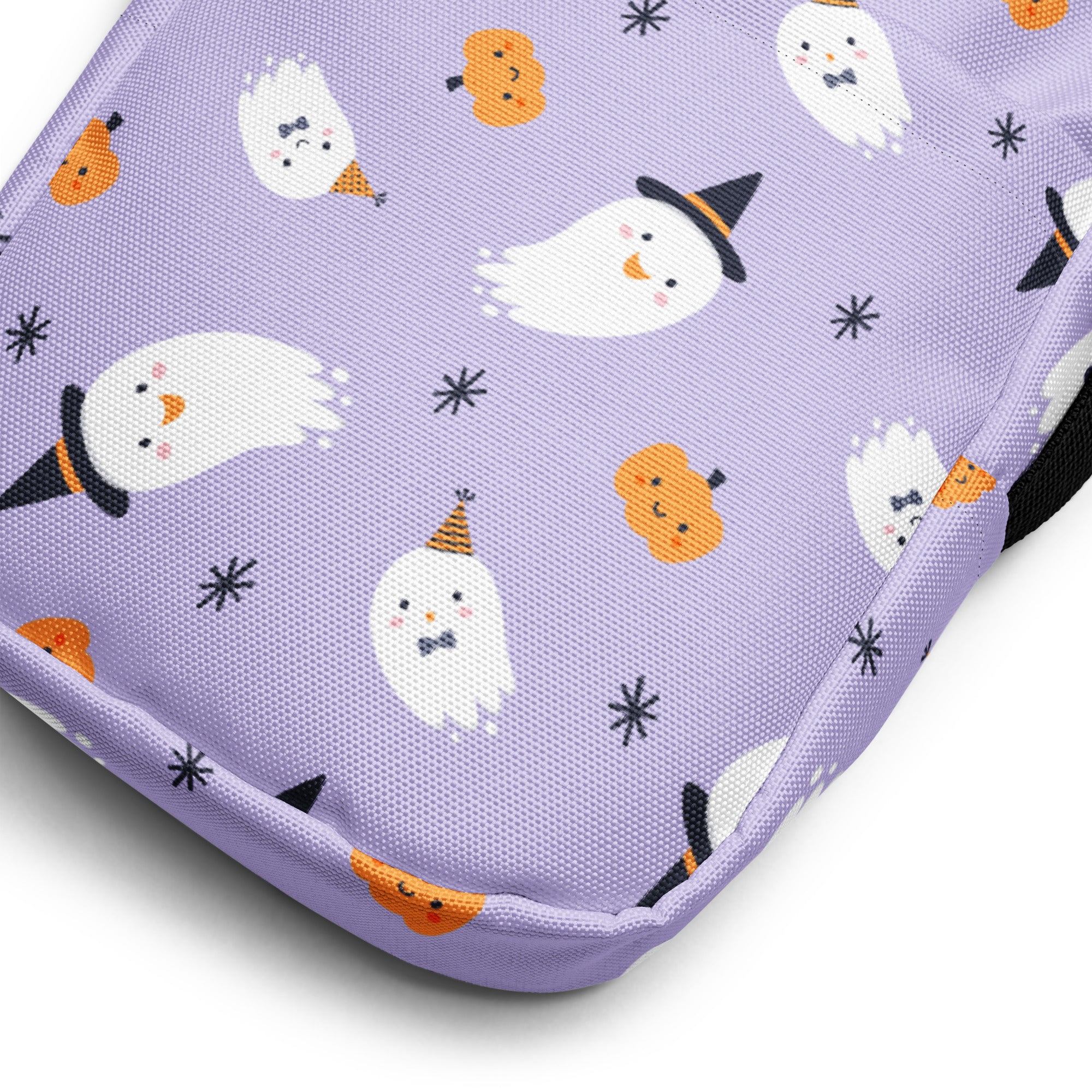 Purple fabric girls ghost witch halloween crossbody purse cushion with white cartoon ghosts and orange pumpkins pattern