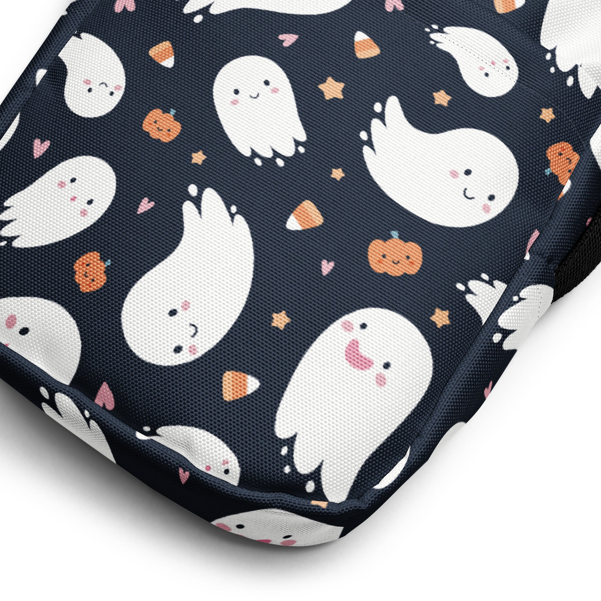 Kids ghost halloween crossbody purse made of navy blue fabric with white ghosts pumpkins candy corn and stars pattern