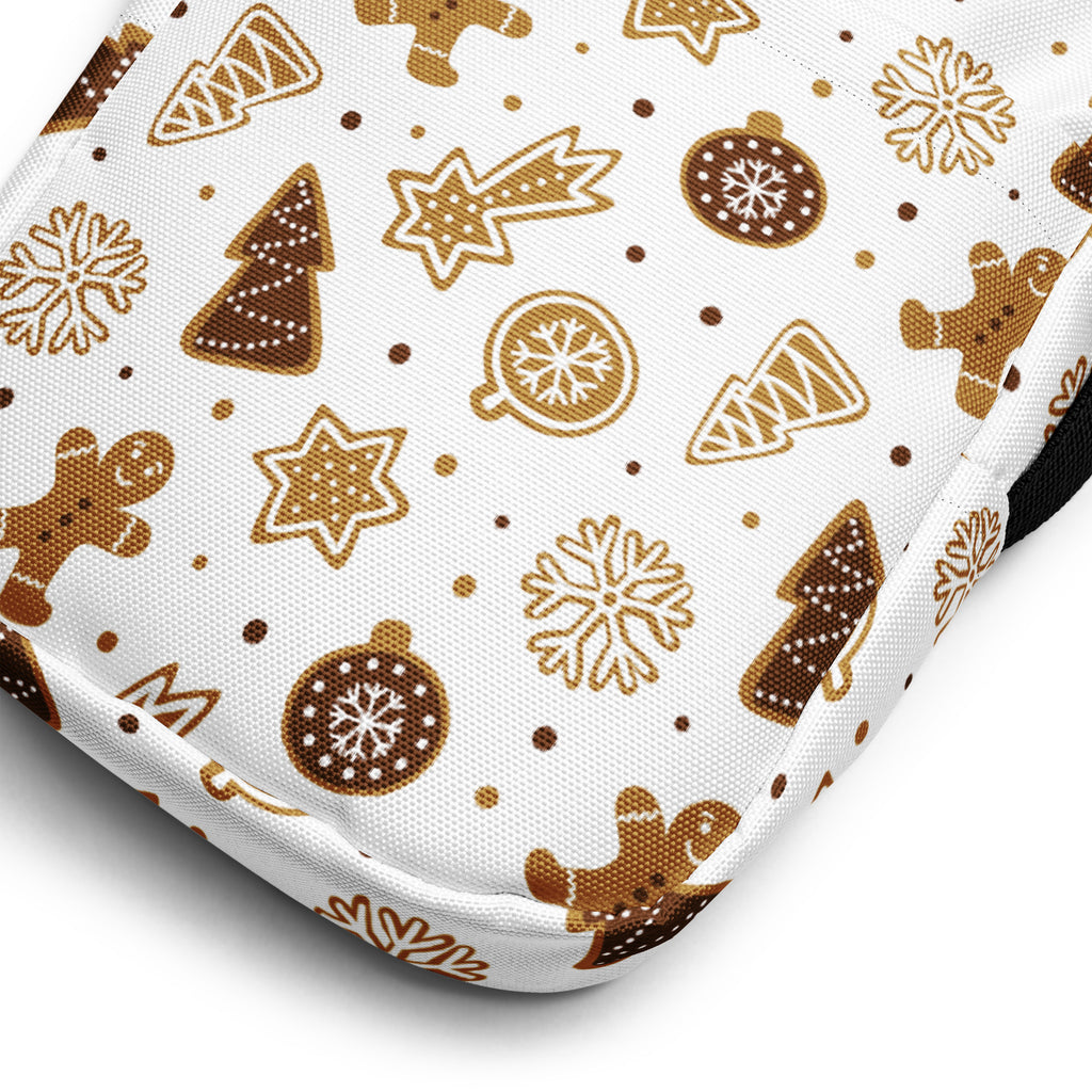 Kids gingerbread cookies christmas crossbody purse with white fabric and festive brown gingerbread men and holiday patterns