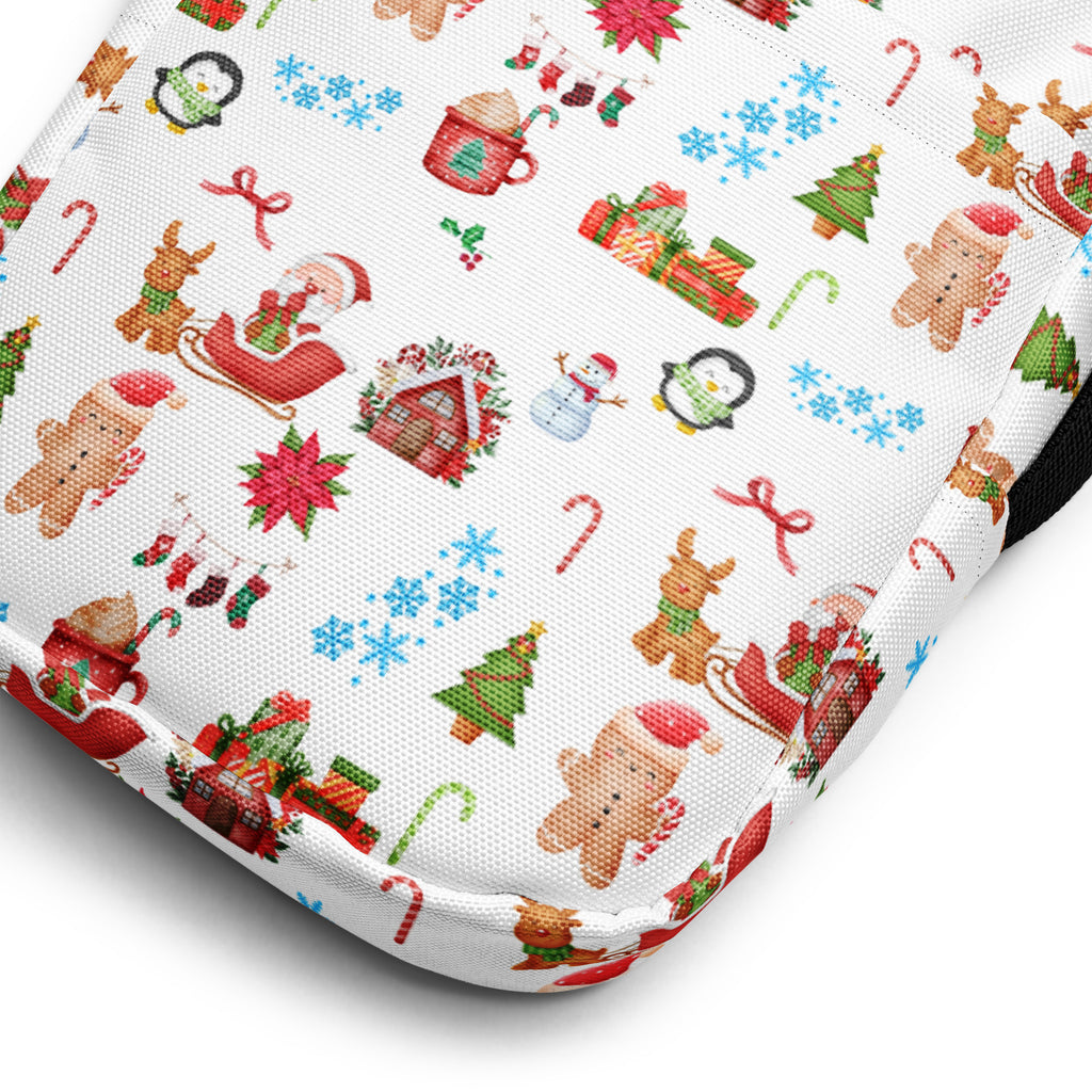 White fabric christmas women’s crossbody purse with festive gingerbread men reindeer snowmen and holiday houses pattern