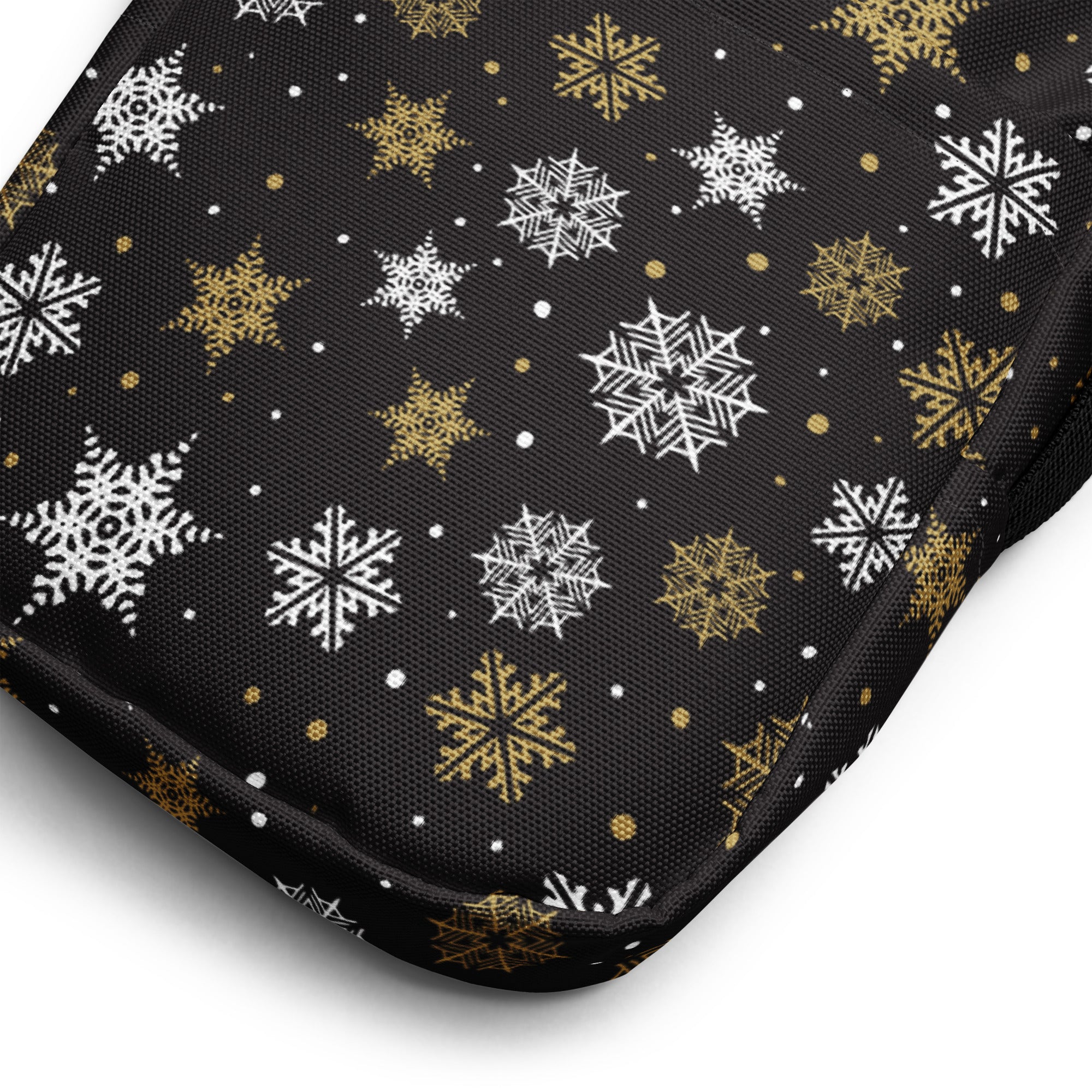 Girls black and gold snowflakes crossbody purse made of fabric with white and gold snowflake patterns