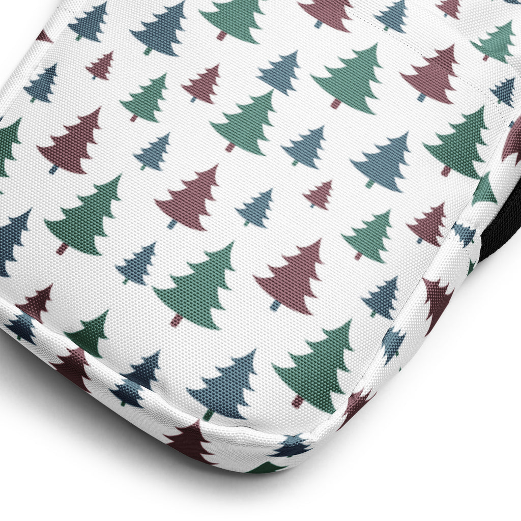 Girls pastel Christmas trees crossbody purse with white fabric and green and maroon pine tree pattern