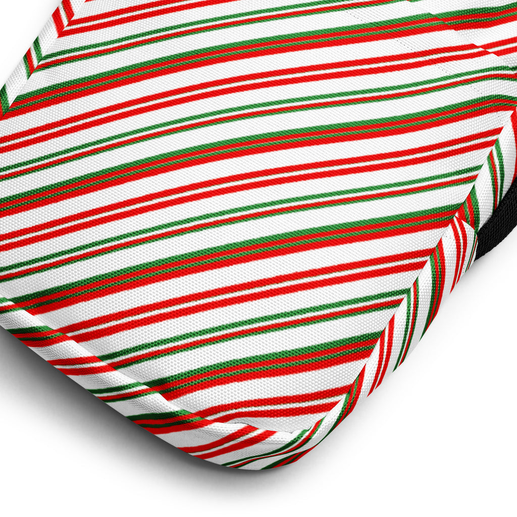 Girls Christmas stripes crossbody purse with festive candy cane striped cushion in red green and white fabric