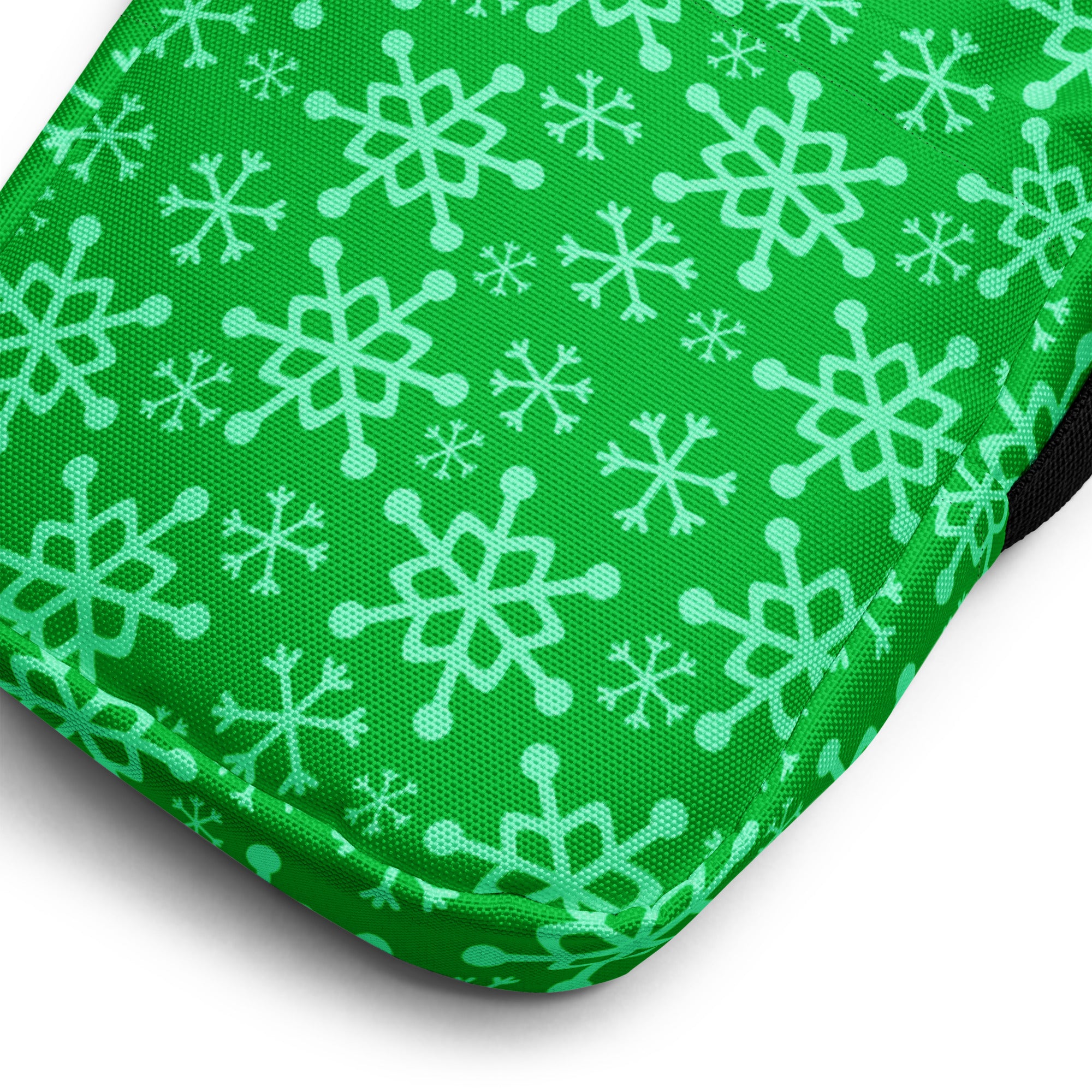 Bright green fabric girls crossbody purse with light mint snowflake pattern for winter accessories