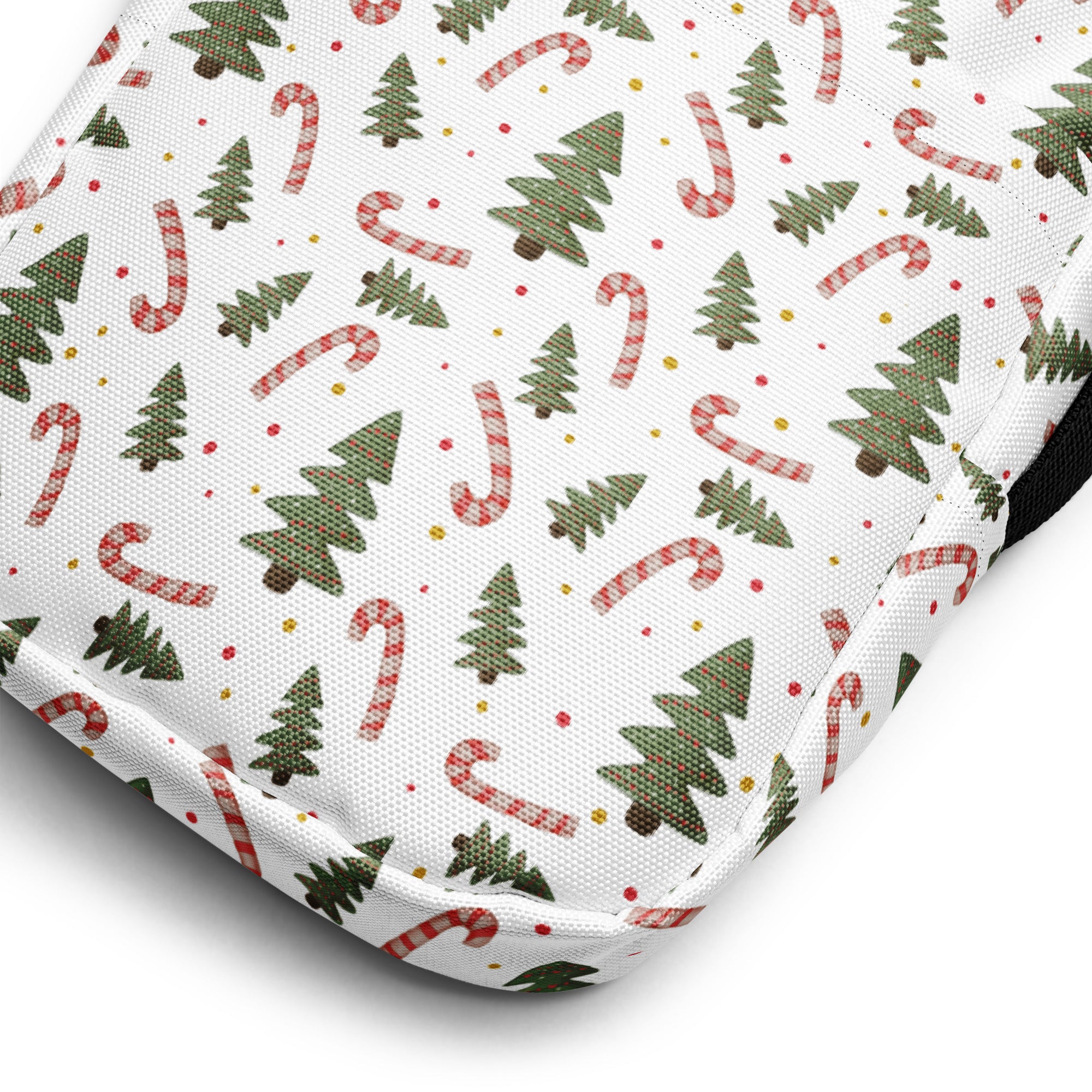 White fabric crossbody purse with green pine trees and red and white candy canes for girls christmas use