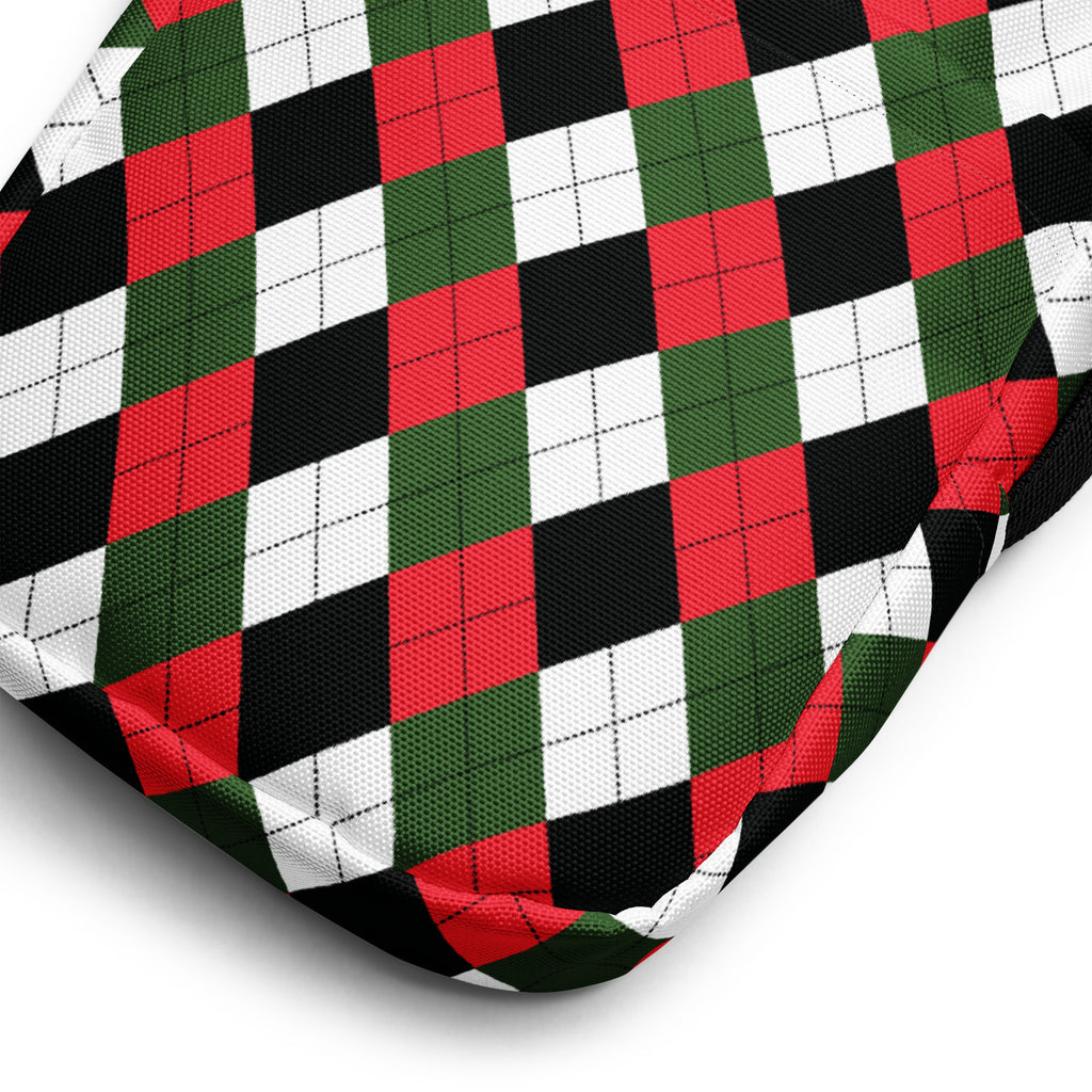 Christmas argyle women’s crossbody purse with red green black and white argyle patterned textured fabric