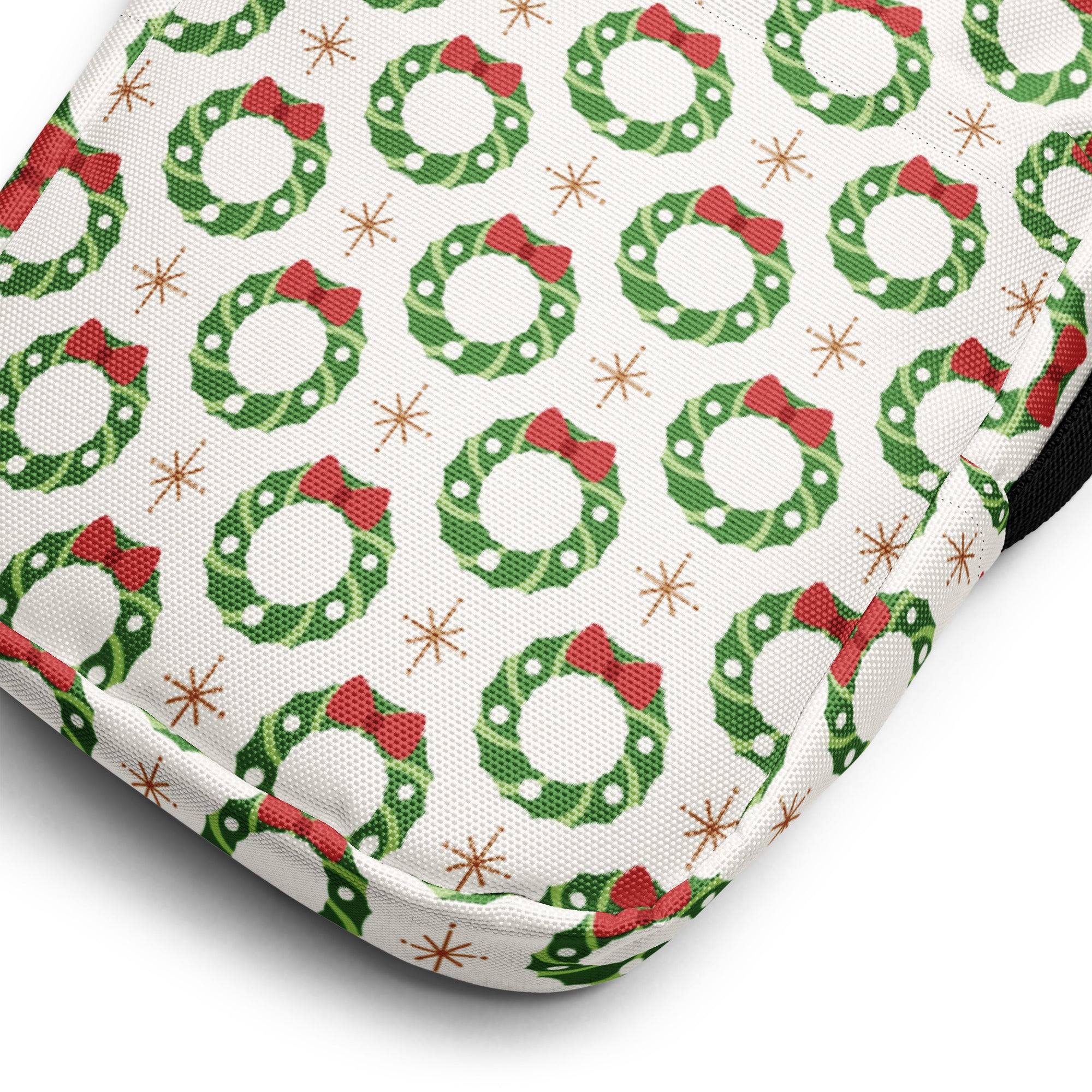 White fabric oven mitt with green wreaths red bows and gold starburst accents for christmas wreath women’s crossbody purse