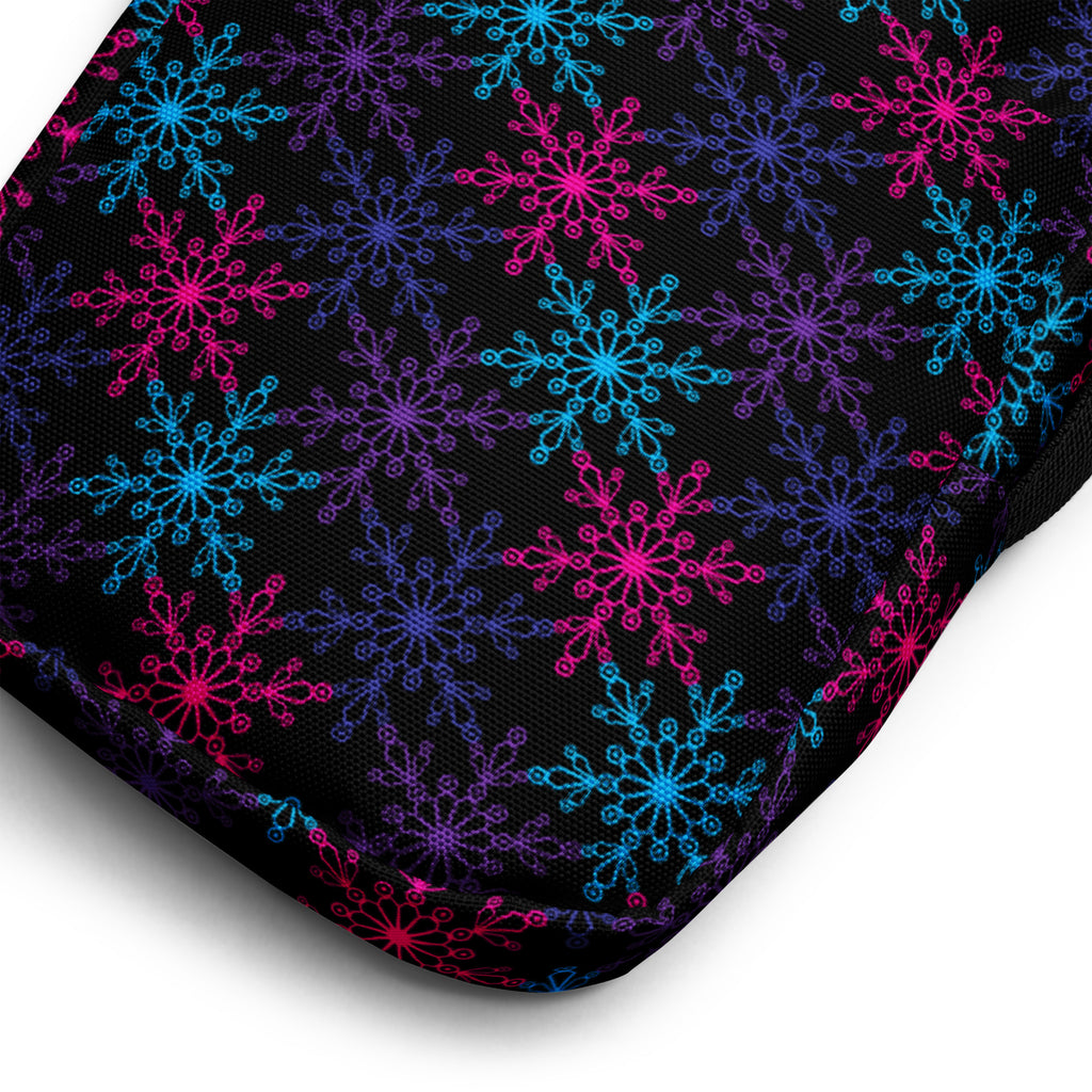 Black girls neon snowflakes crossbody purse with vibrant neon pink cyan snowflake pattern and purple accents