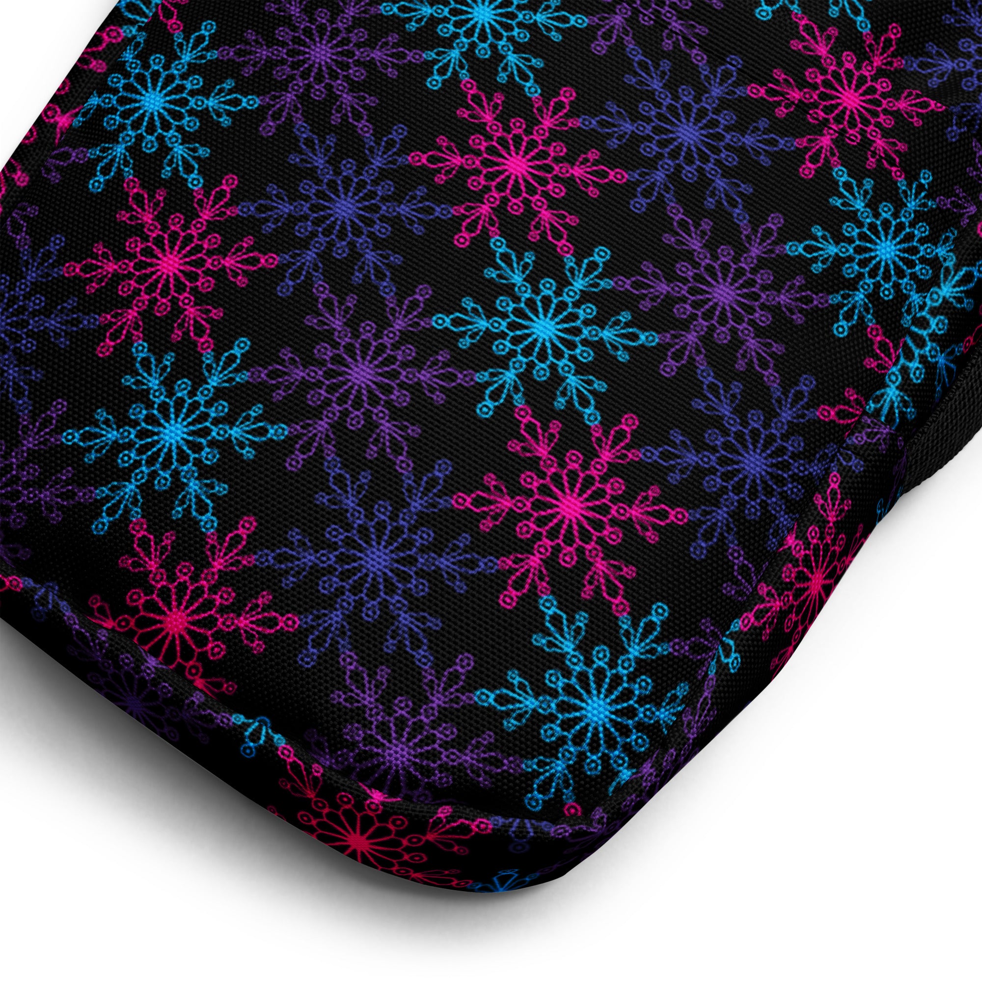 Black girls neon snowflakes crossbody purse with vibrant neon pink cyan snowflake pattern and purple accents