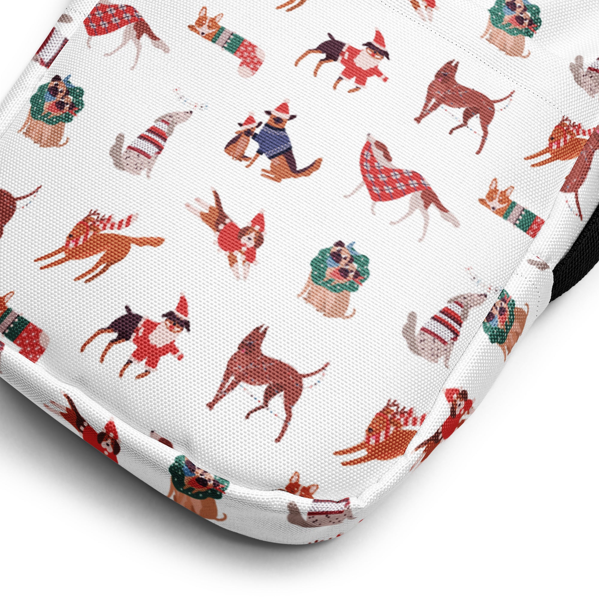 White canvas crossbody purse with playful cartoon dogs in festive holiday attire for christmas women
