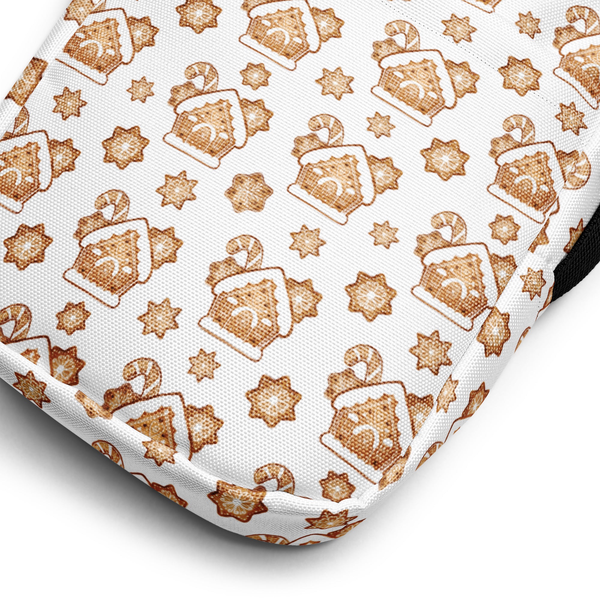 White fabric girls gingerbread house christmas crossbody purse with brown gingerbread house and candy cane pattern