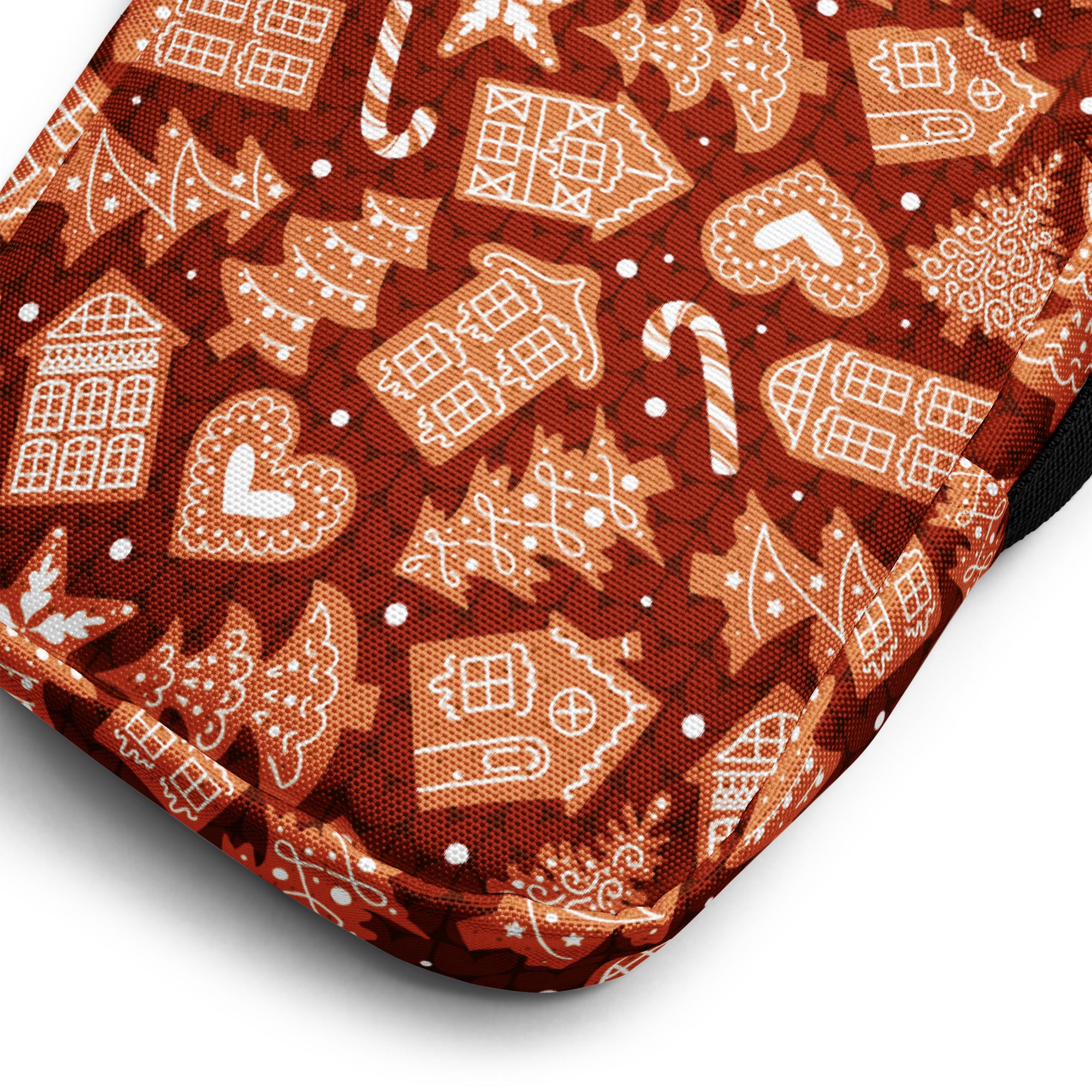 Red gingerbread christmas women’s crossbody purse with cozy reddish-brown fabric and festive holiday pattern