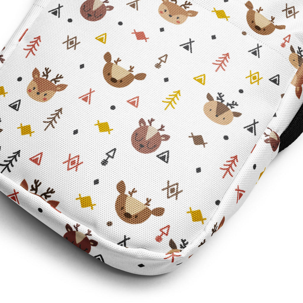 White fabric girls cute reindeer christmas crossbody purse with playful brown deer yellow fish and geometric shapes pattern