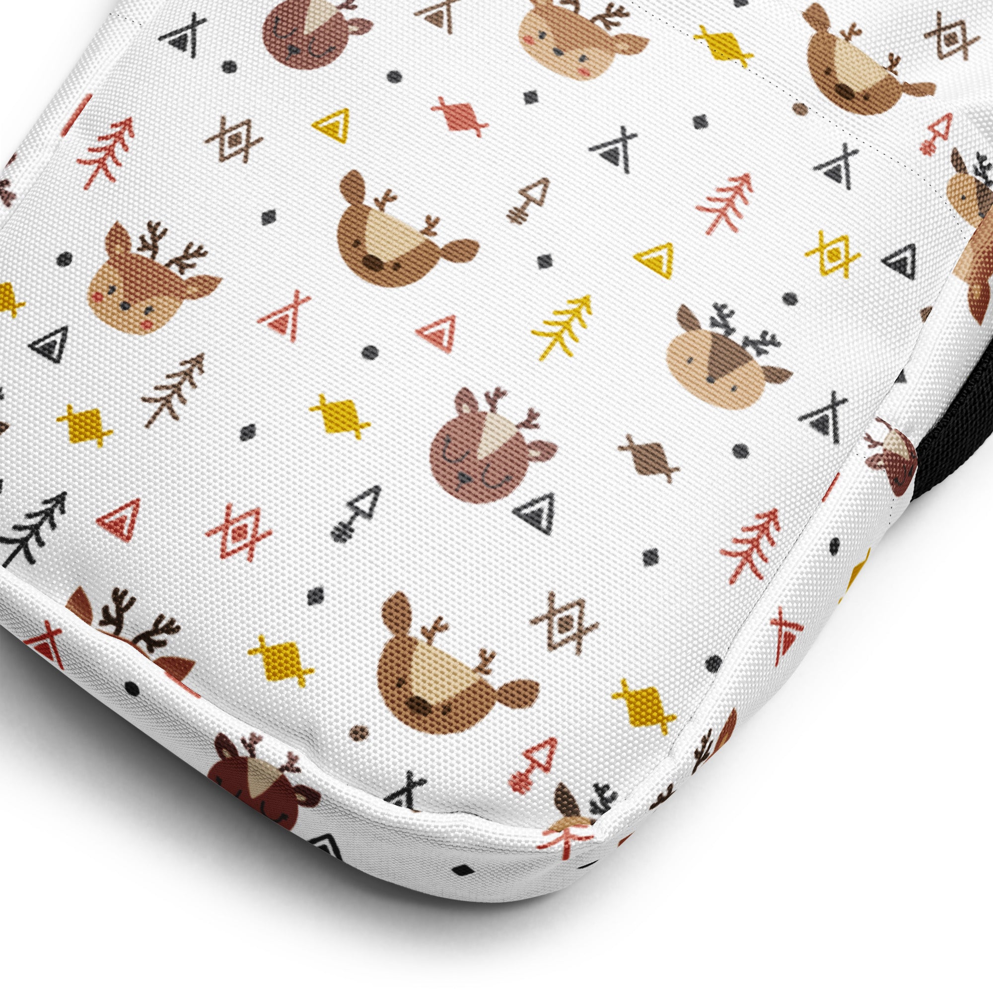 White fabric girls cute reindeer christmas crossbody purse with playful brown deer yellow fish and geometric shapes pattern