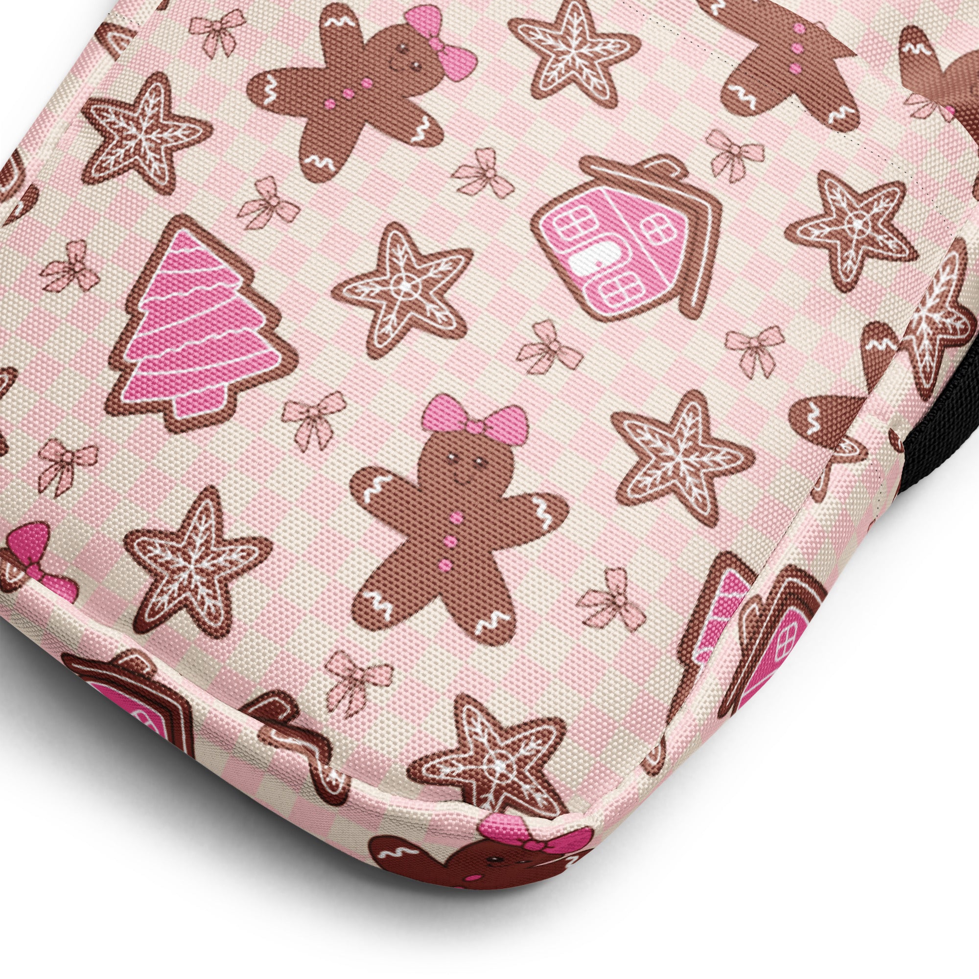 Girls pink gingerbread christmas crossbody purse with festive pattern of brown gingerbread men pink trees and cookies