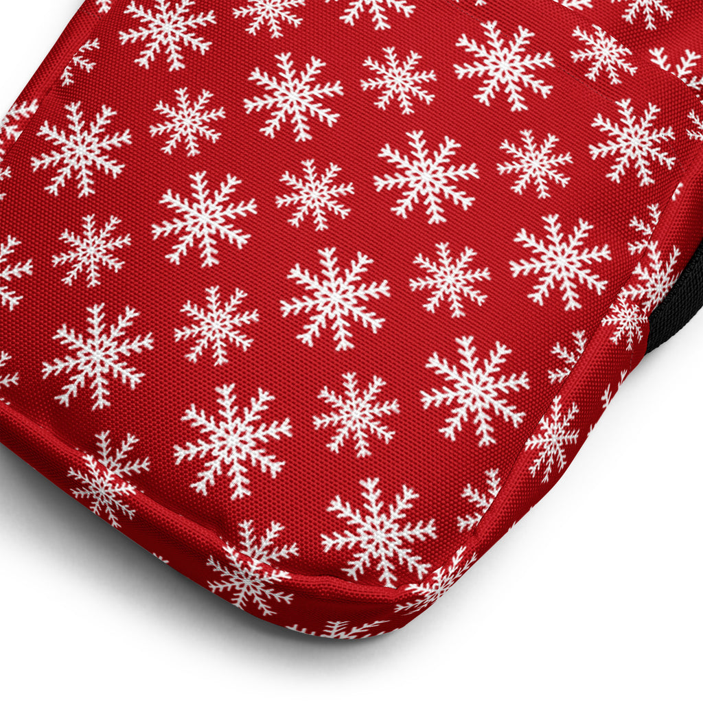 Red snowflake christmas women’s crossbody purse with red cushion and white snowflake pattern design