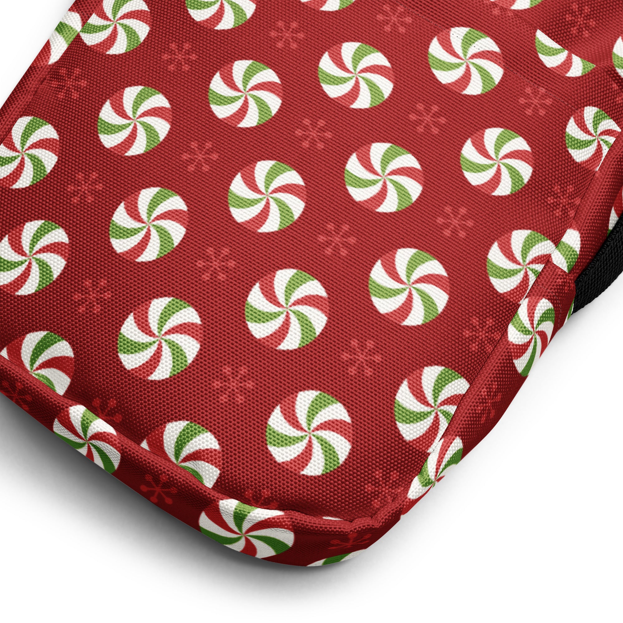 Red fabric girls peppermint candy crossbody purse with green white and red peppermint swirl pattern