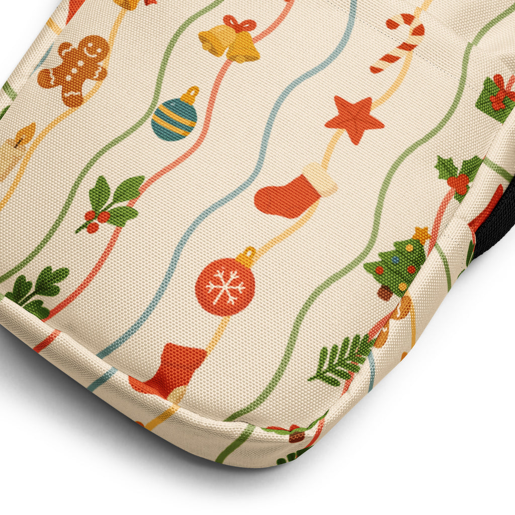 Beige canvas girls christmas icons crossbody purse with festive gingerbread men bells ornaments and christmas trees pattern
