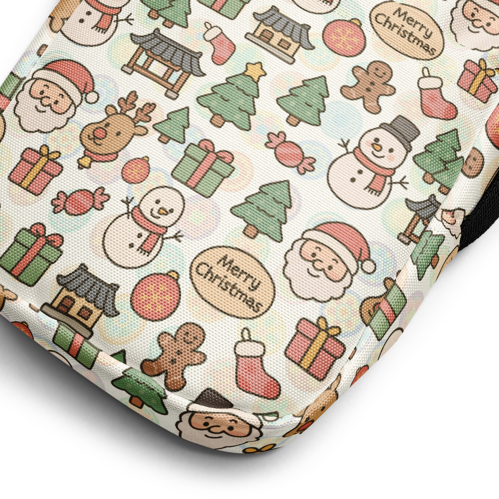 Christmas Doodle women’s crossbody purse with festive snowmen santa reindeer gift box pattern on cream background