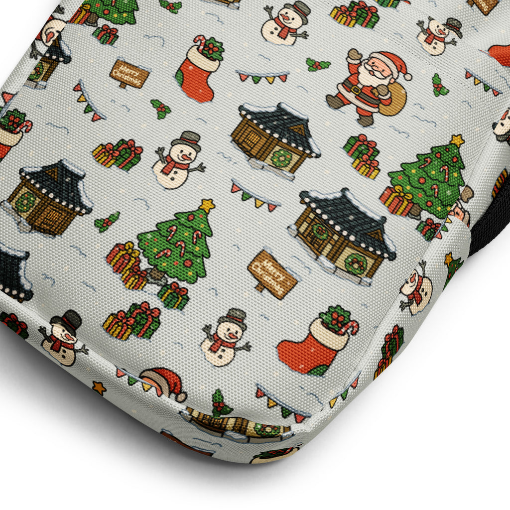 Christmas village women’s crossbody purse gray fabric pouch with festive snowmen santa christmas pattern